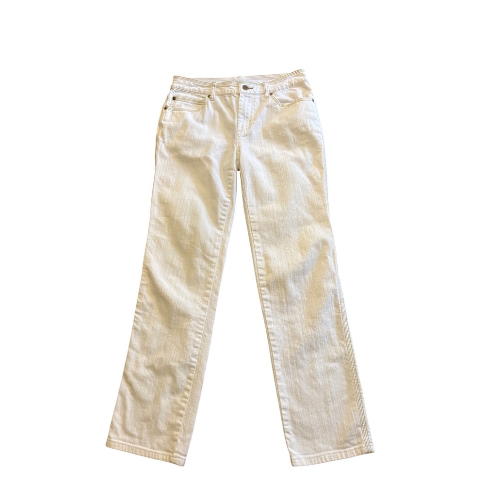 Chicos Platinum Sonora White Straight Leg Jeans Gold Stitch Studded Sz 4-6